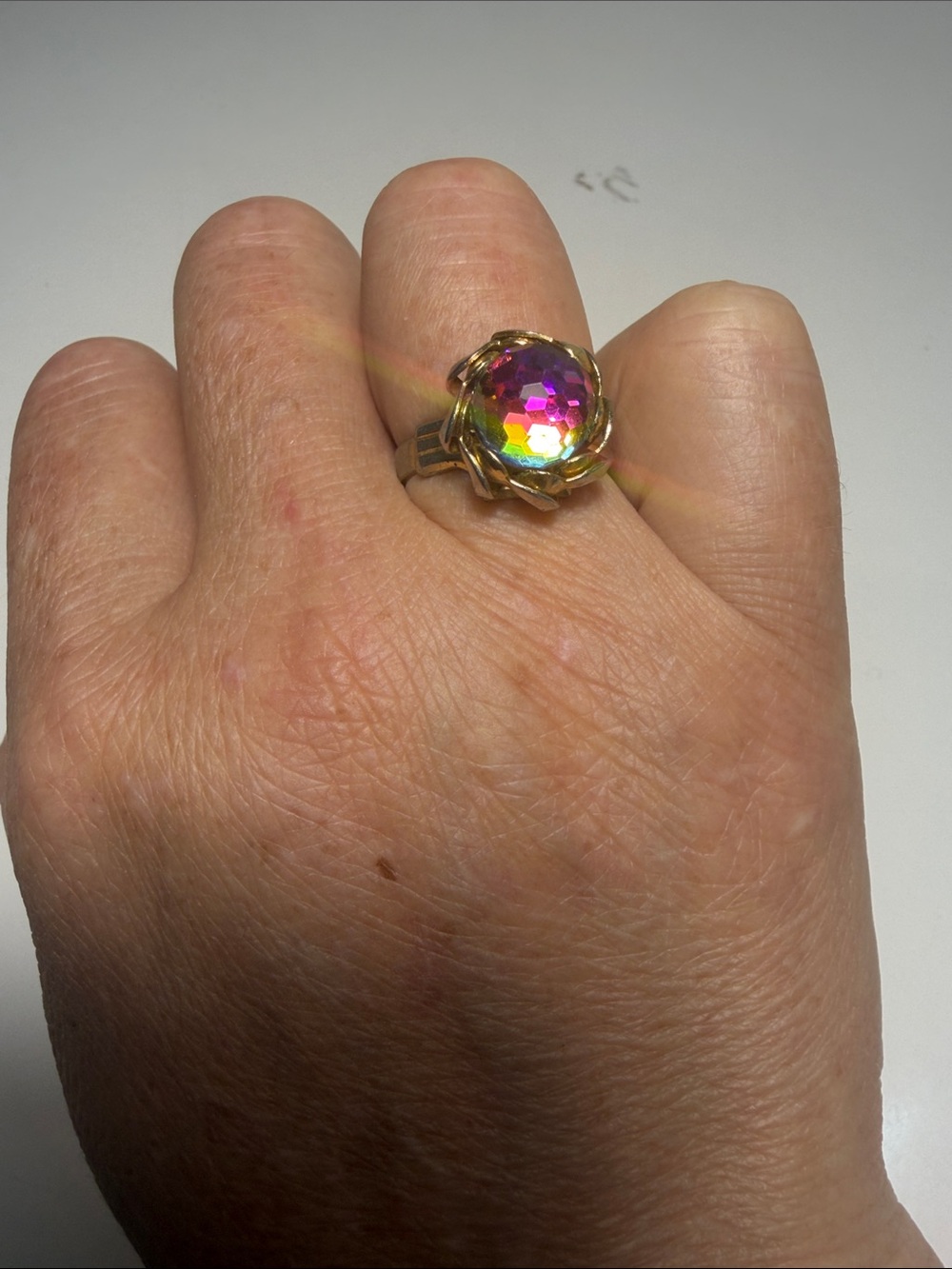 Vintage Gold Cocktail Ring with Pink-Yellow-Green Faceted Stone